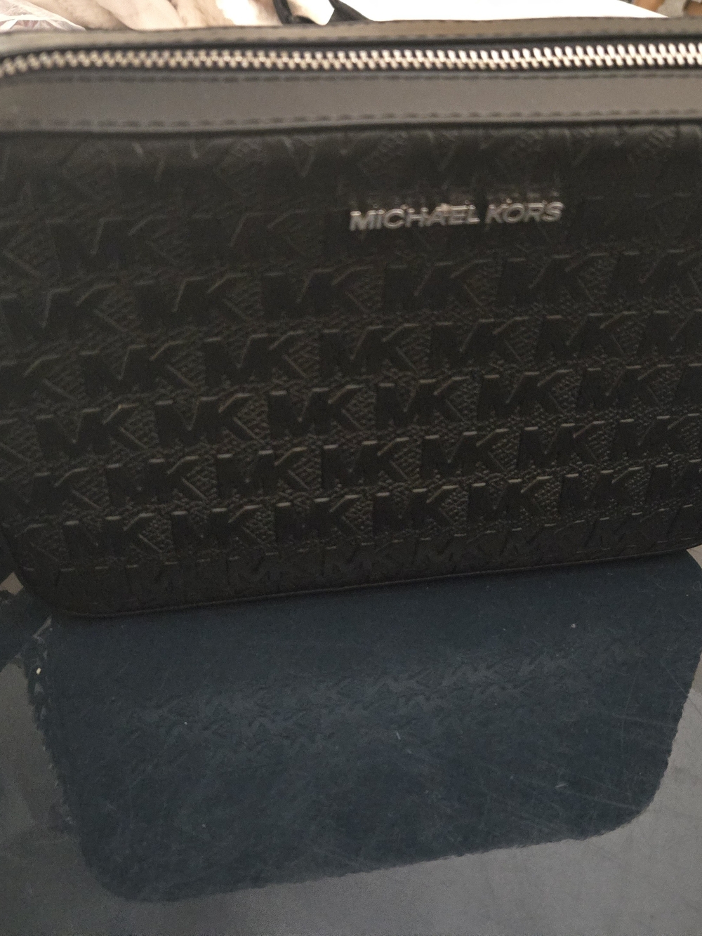 Michael Kors Black Embossed Leather Shoulder Bag with Silver Logo
